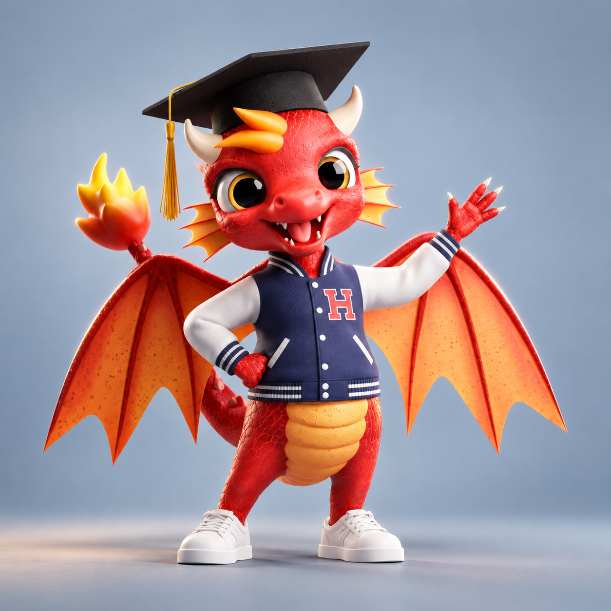 Hoss: Dragón rojo con chaqueta y birrete