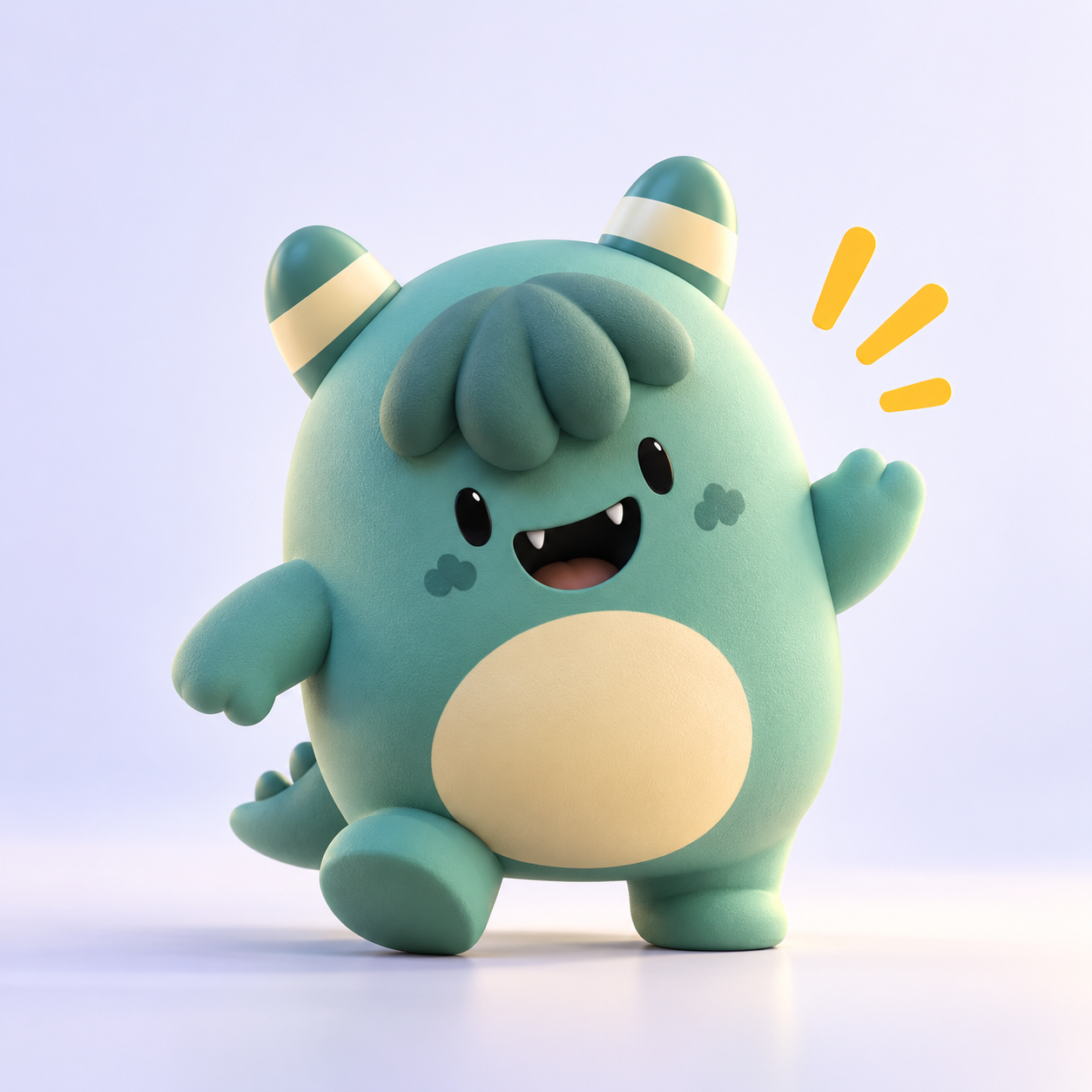 Zora, mascota de Auria Studio: criatura verde con cuernos rayados y barriga amarilla, saludando