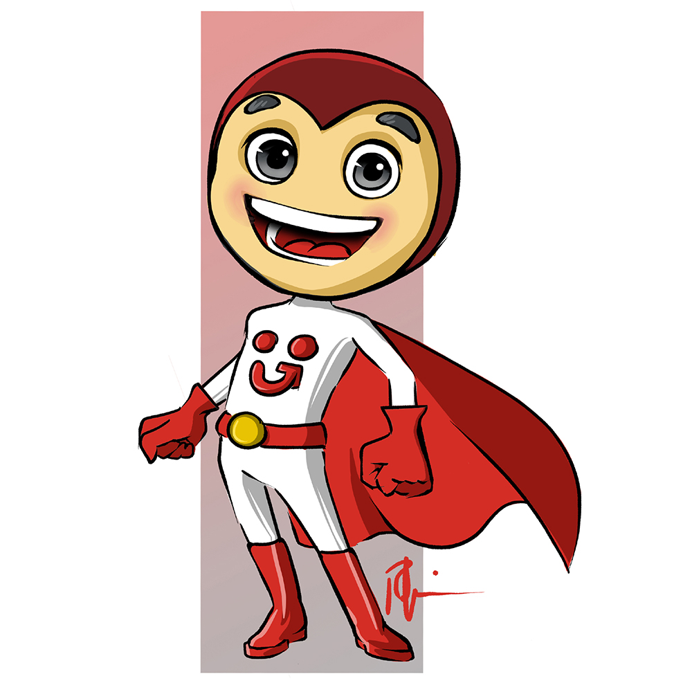 Boceto a color de Gessi, con traje de superhéroe y capa roja